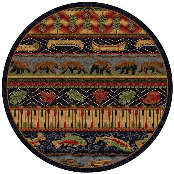 Rustic lodge rug with bear and wildlife scene, Backwoods Journey decor.