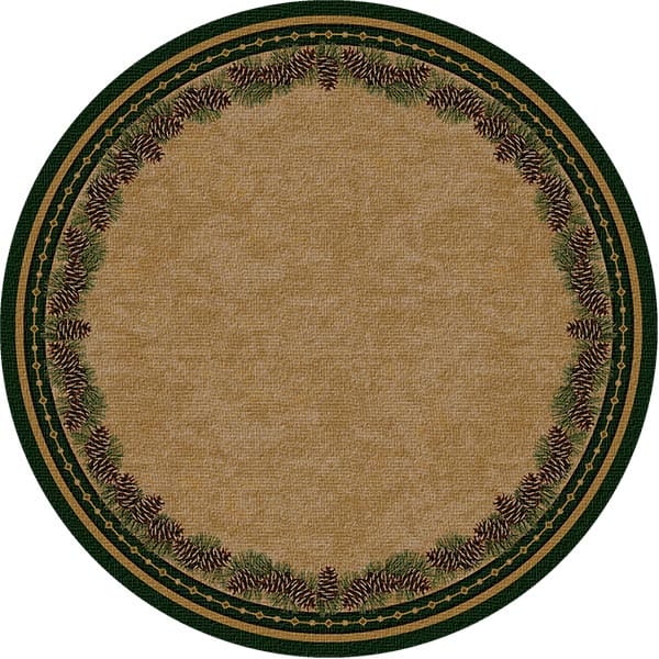 8 foot round area rug with rustic pine cone design.