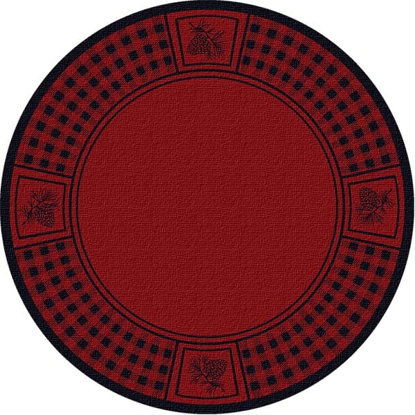 Round red pinecone plaid rug, rustic cabin decor.