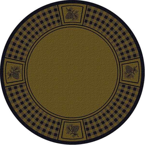 Round rustic green plaid area rug with pinecone accents.
