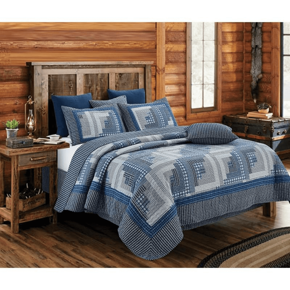 Idaho Blue Quilt Set enhances rustic decor with modern blue tones, perfect for master or guest bedrooms.