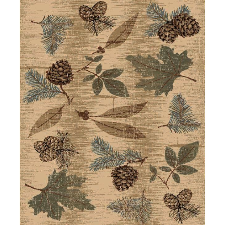 Rustic forest floor rug with pine cones and leaves, cabin decor.
