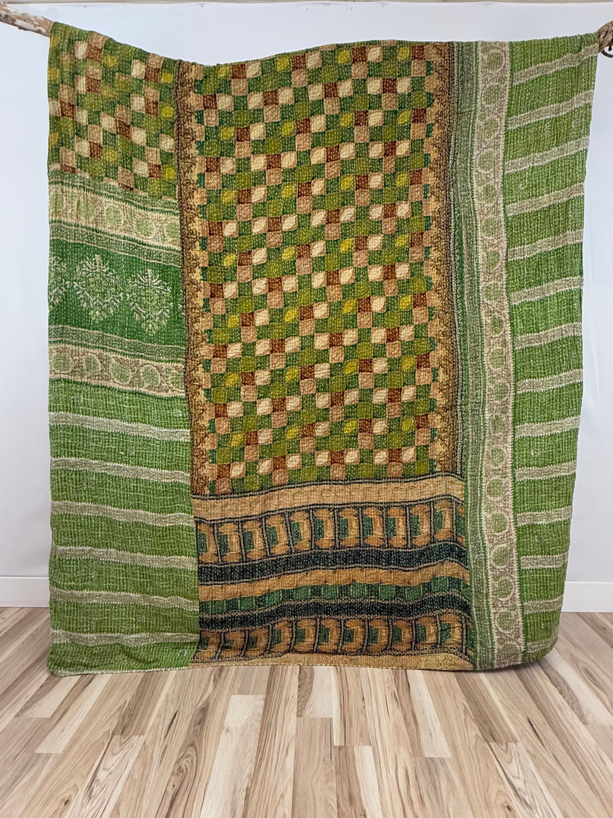 King size patchwork kantha quilt made from vintage saris.