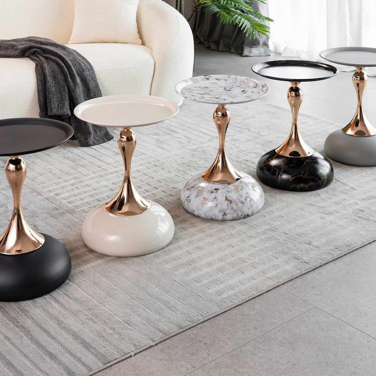 Round metal coffee table with mermaid tail pedestal, anti-rust coating.