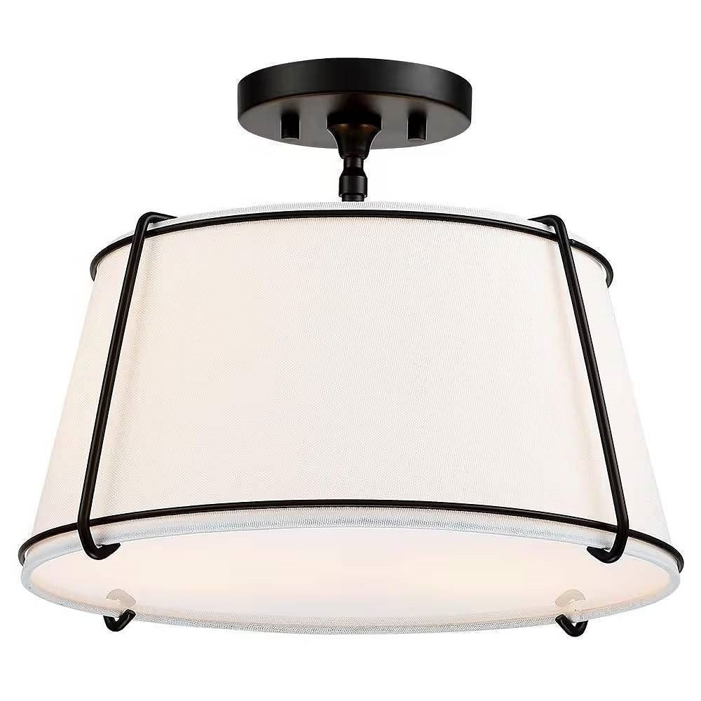 Modern 2-Light Round 15-Inch White Drum Ceiling Light with Black Metal Semi-Flush Mount