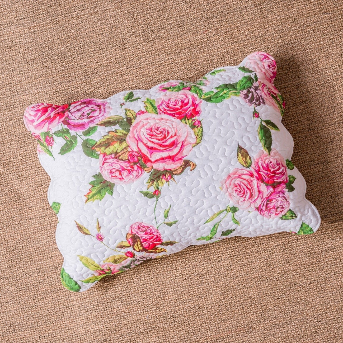 Pink Romantic Roses Spring Floral Scalloped Pillow Sham