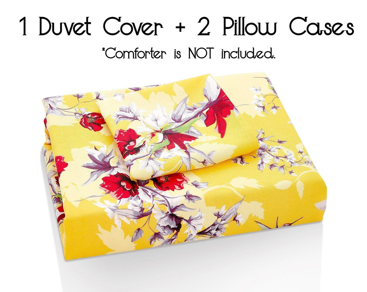 Sunshine Yellow Hummingbirds Floral Duvet Cover Set with Pillow Cases