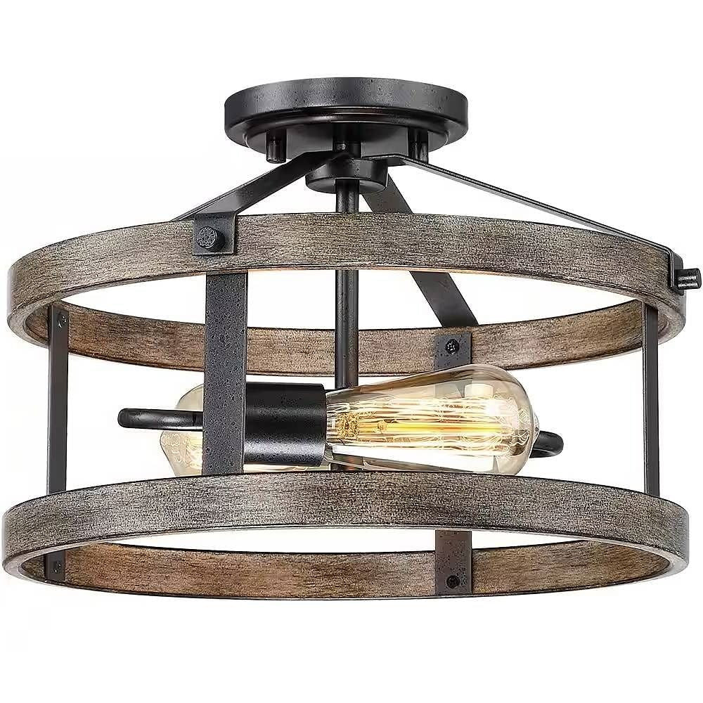 Rustic Farmhouse 13-Inch Round Metal Wood 2-Light Semi-Flush Ceiling Lamp