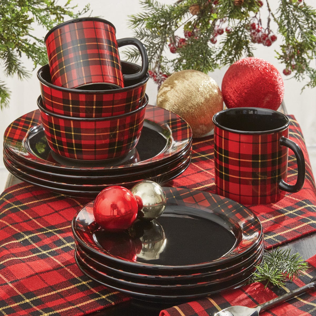 Montana Plaid Dinnerware Set showcases a festive red plaid design, perfect for outdoor lovers' kitchens.