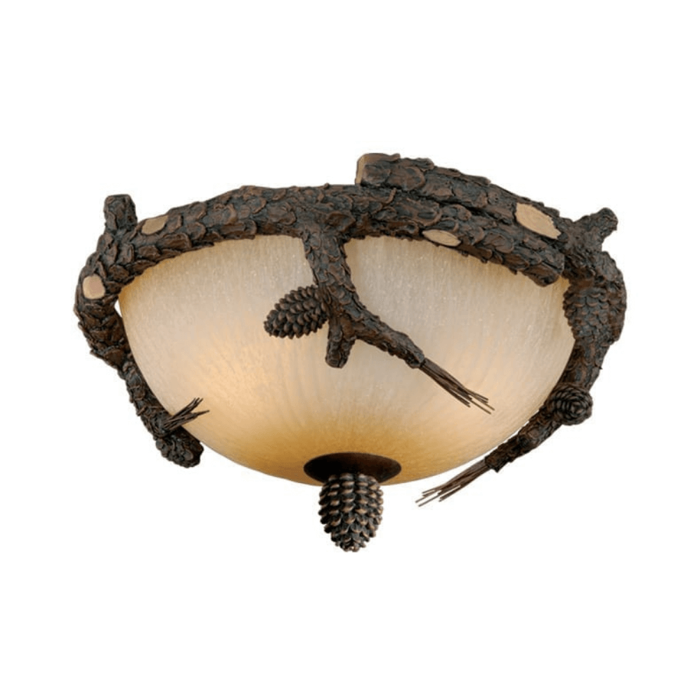 Pine Wreath Semi Flush Mount Ceiling Light enhances rustic decor with pine bark and glass, perfect for any entryway.