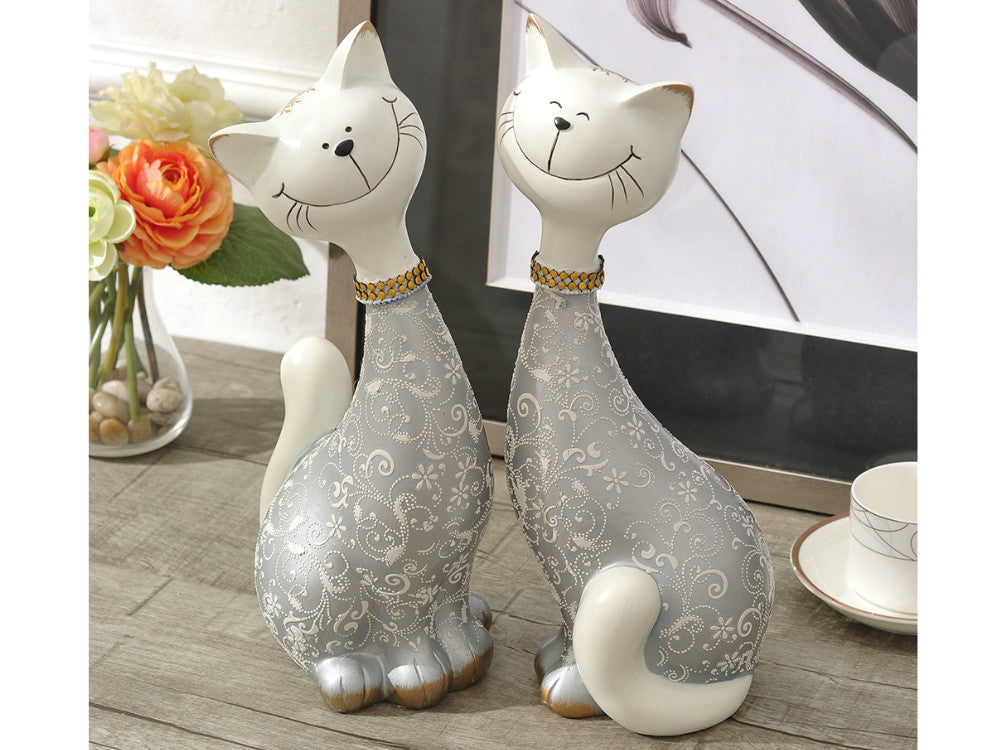 Silver finish resin cat statues decorative pair