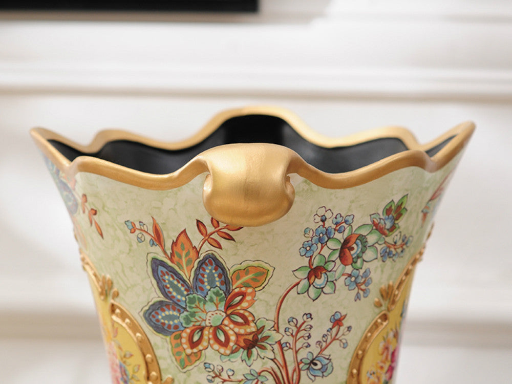 Vintage gold rim ceramic vase with hand-painted floral design