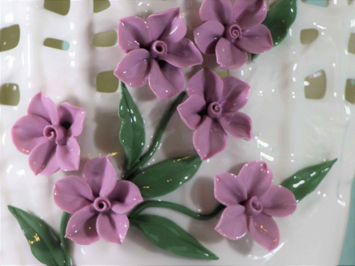 Elegant Porcelain Vase: Tall Basket Style with Pinched Purple Flowers