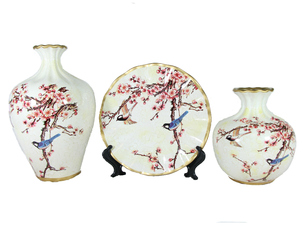 Off-white ceramic vase set with golden rim, Cherry Blossom Meadow design.