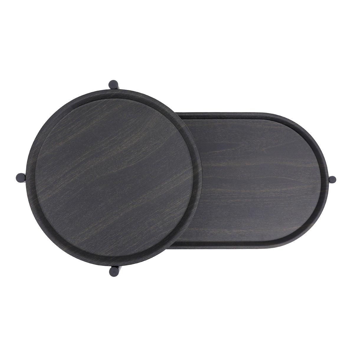 Two-tier round coffee table with storage tray and oval end tables.