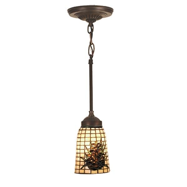 Adirondack Pinecone Ceiling Pendant features a warm Tiffany glass shade with pinecone design and bronze hardware.