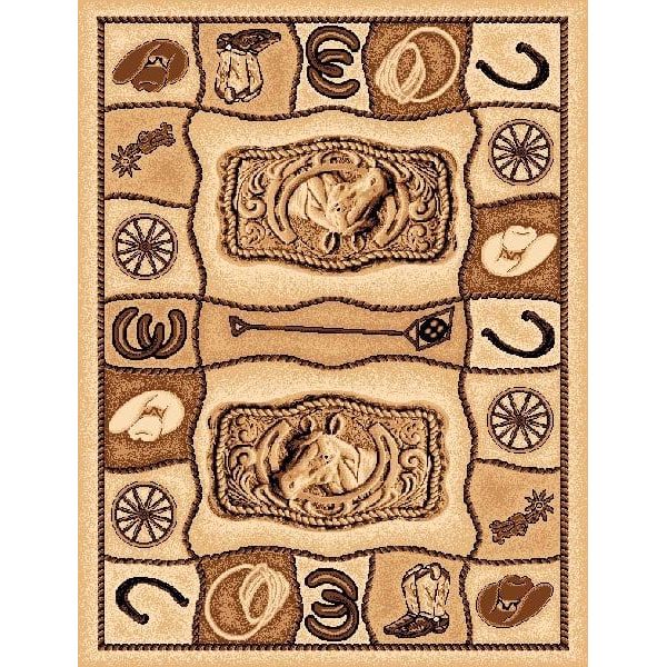 Rustic area rug with cowboy and horse motifs, perfect for cabin decor.