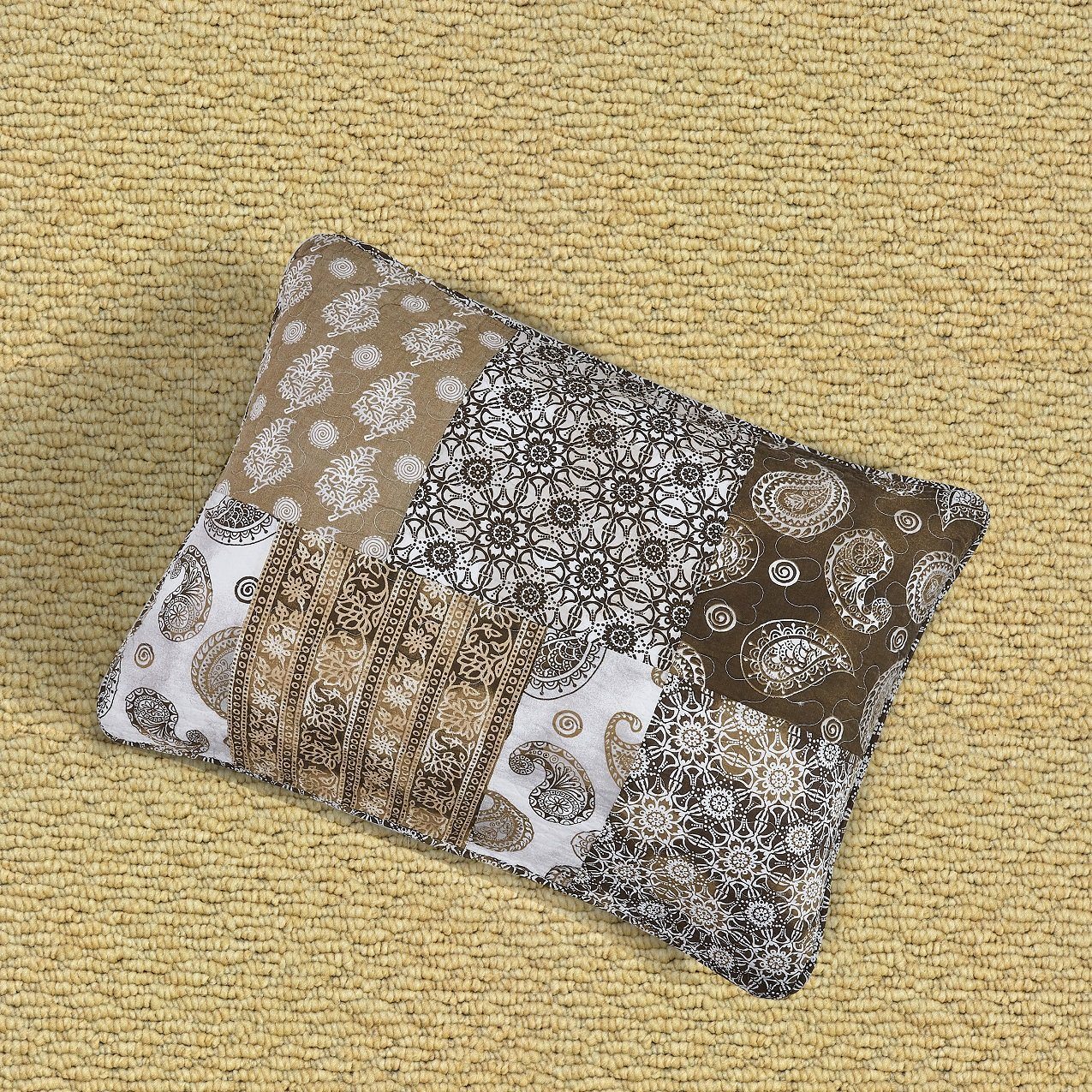 Bohemian Olive Brown Moroccan Paisley Floral Filigree Patchwork Cotton Bedspread Set