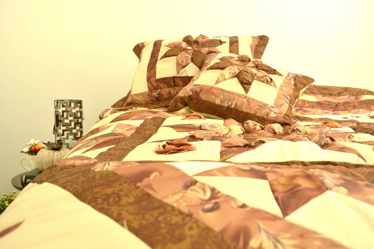 Brown beige floral stars ruffles comforter set with diamond pattern.