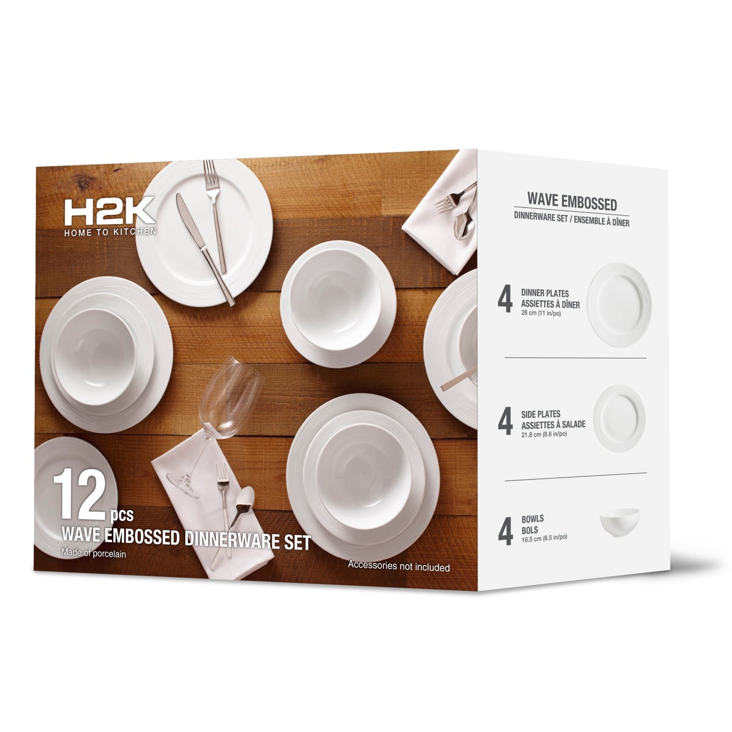 Dinnerware Set 12 Piece Round Rim Embossed Wave Service For 4