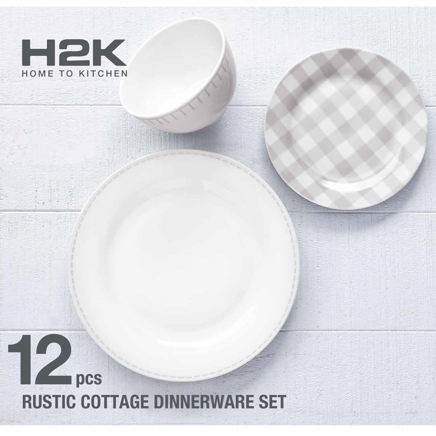 Rustic Cottage Grey And White Dinnerware Set 12 Piece Service For 4
