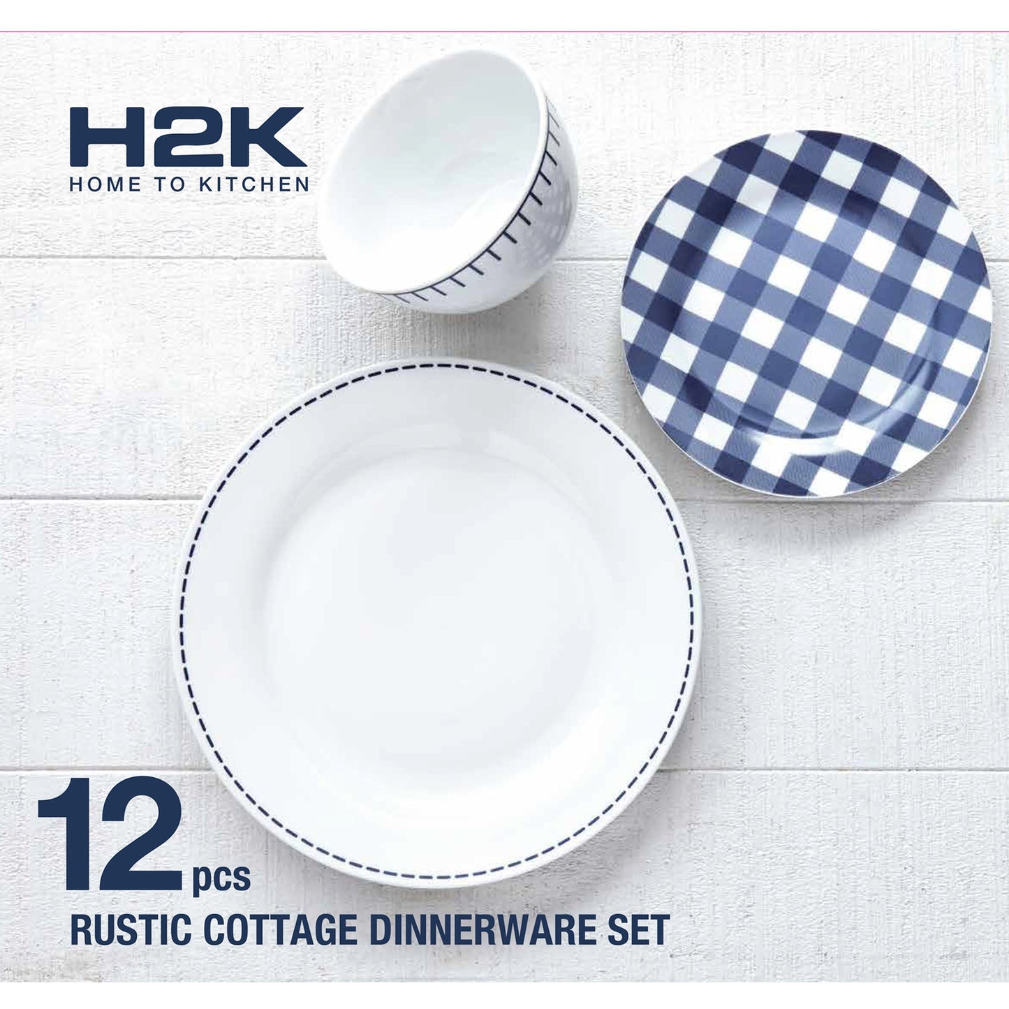 Dinnerware Set 12 Piece Rustic Cottage Navy White Service for 4