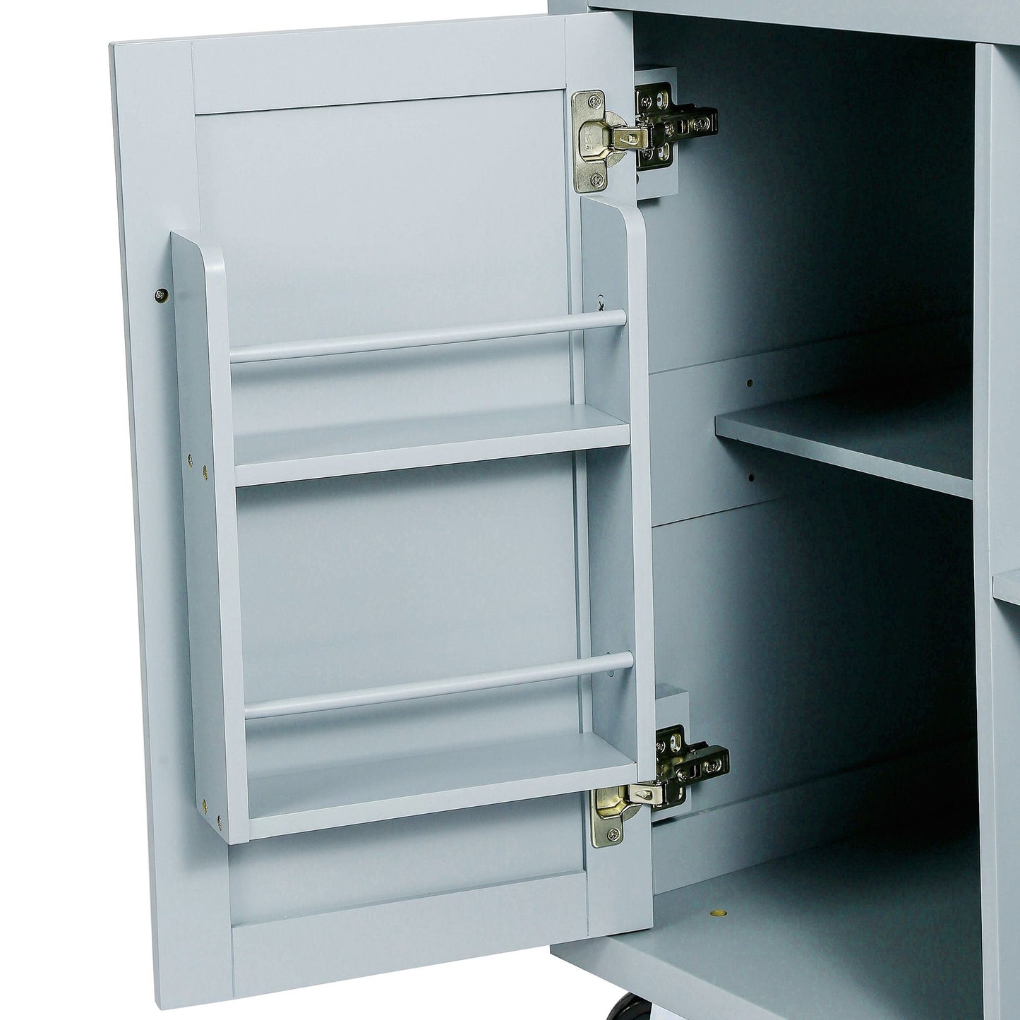 Kitchen cart with drop-leaf rubber wood countertop and 5 wheels, cabinet, and drawers.