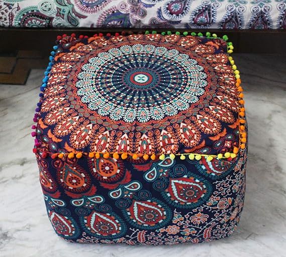 Square patchwork pouf cover with traditional Indian motifs, perfect as a decorative ottoman or footstool.