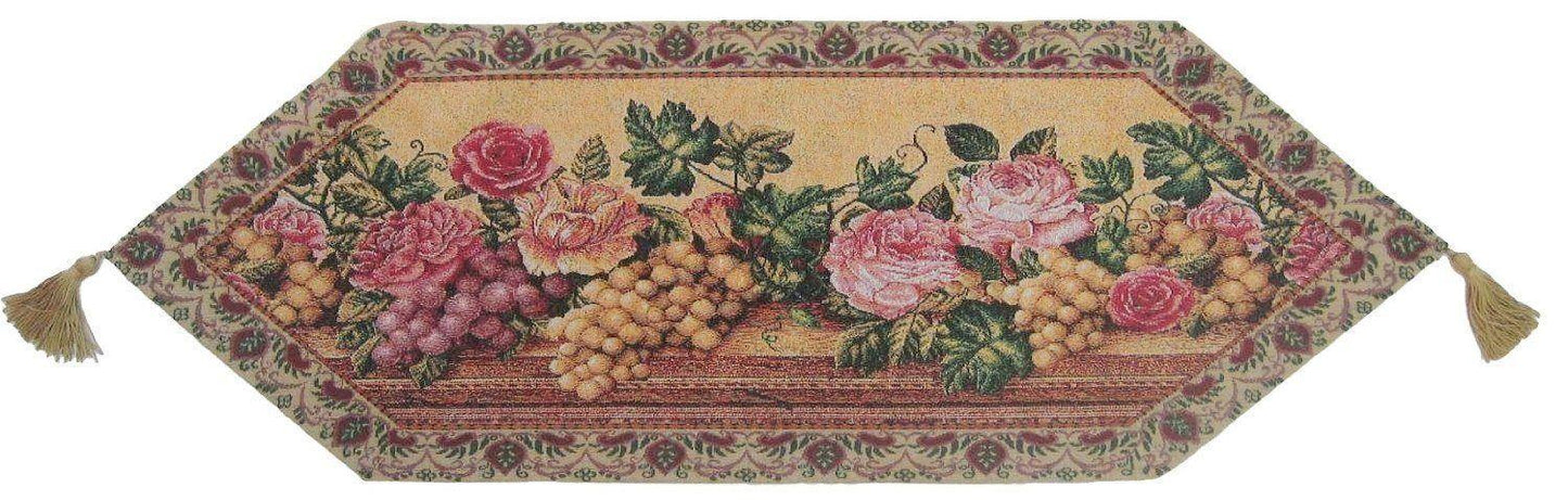 Romantic Fruit And Roses Floral Tapestry Table Runner With Tassels 33x95cm