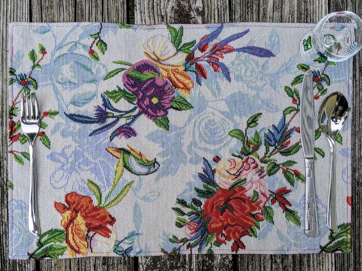 Four tropical sky blue bird and floral tapestry placemats, 13x19 inches