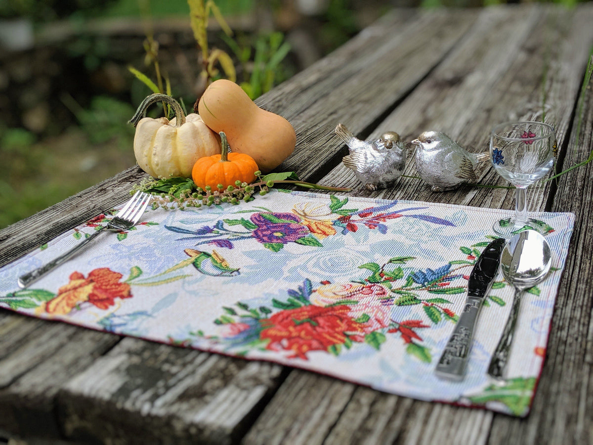 Set of 4 tropical sky blue bird and floral tapestry placemats, 13x19 inches