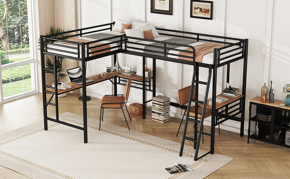 Twin Size Metal Loft Bed With Two Built-in Desks Black