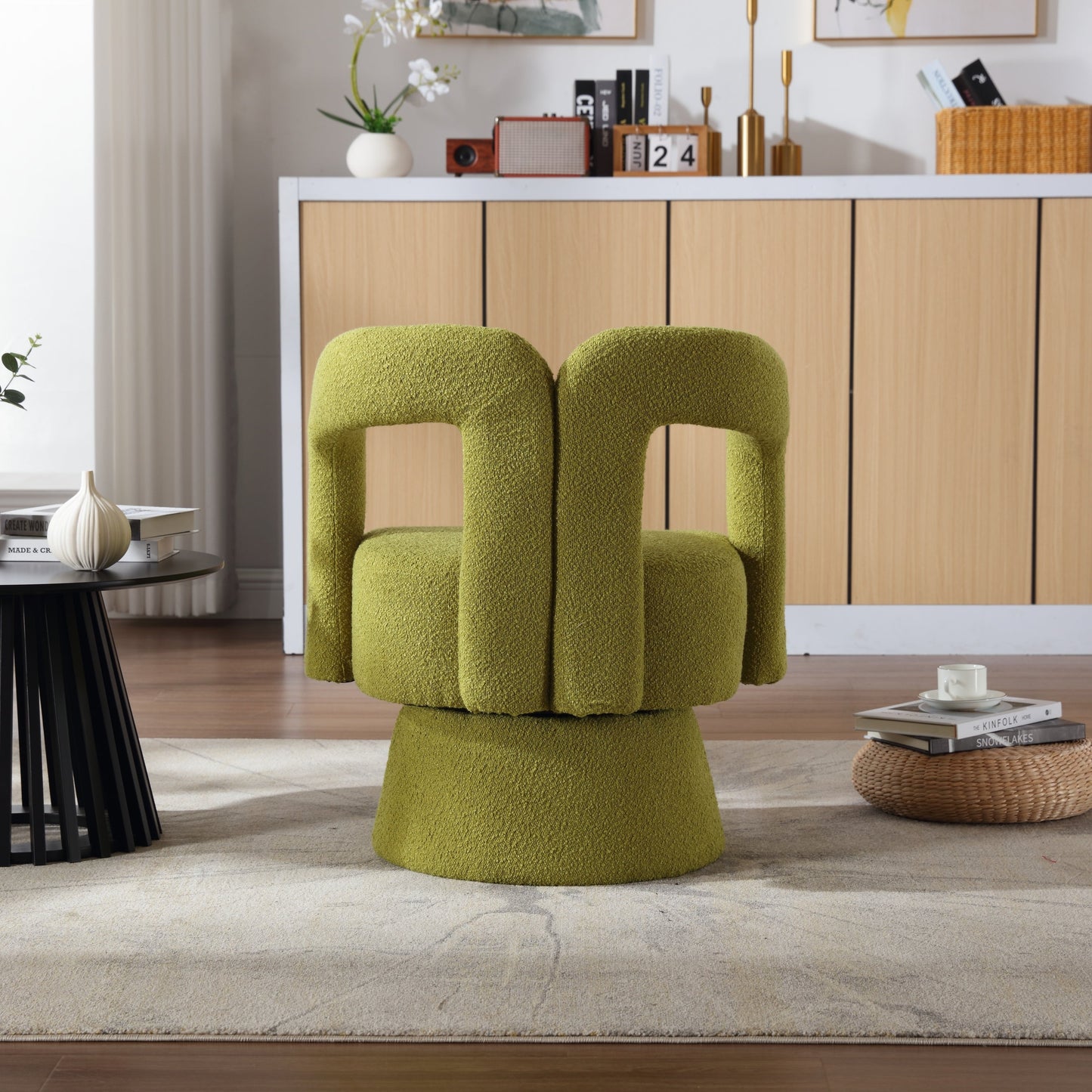 Olive Green Boucle 360-Degree Swivel Cuddle Barrel Chair