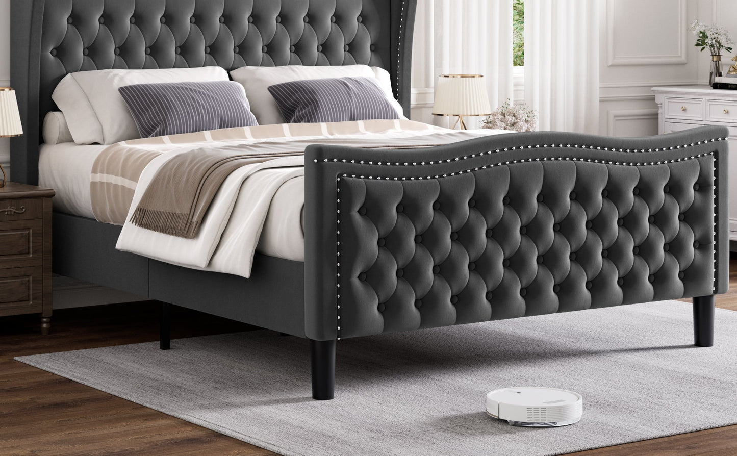 Lift Up Velvet Gray Full Size Bed for Stylish Bedrooms