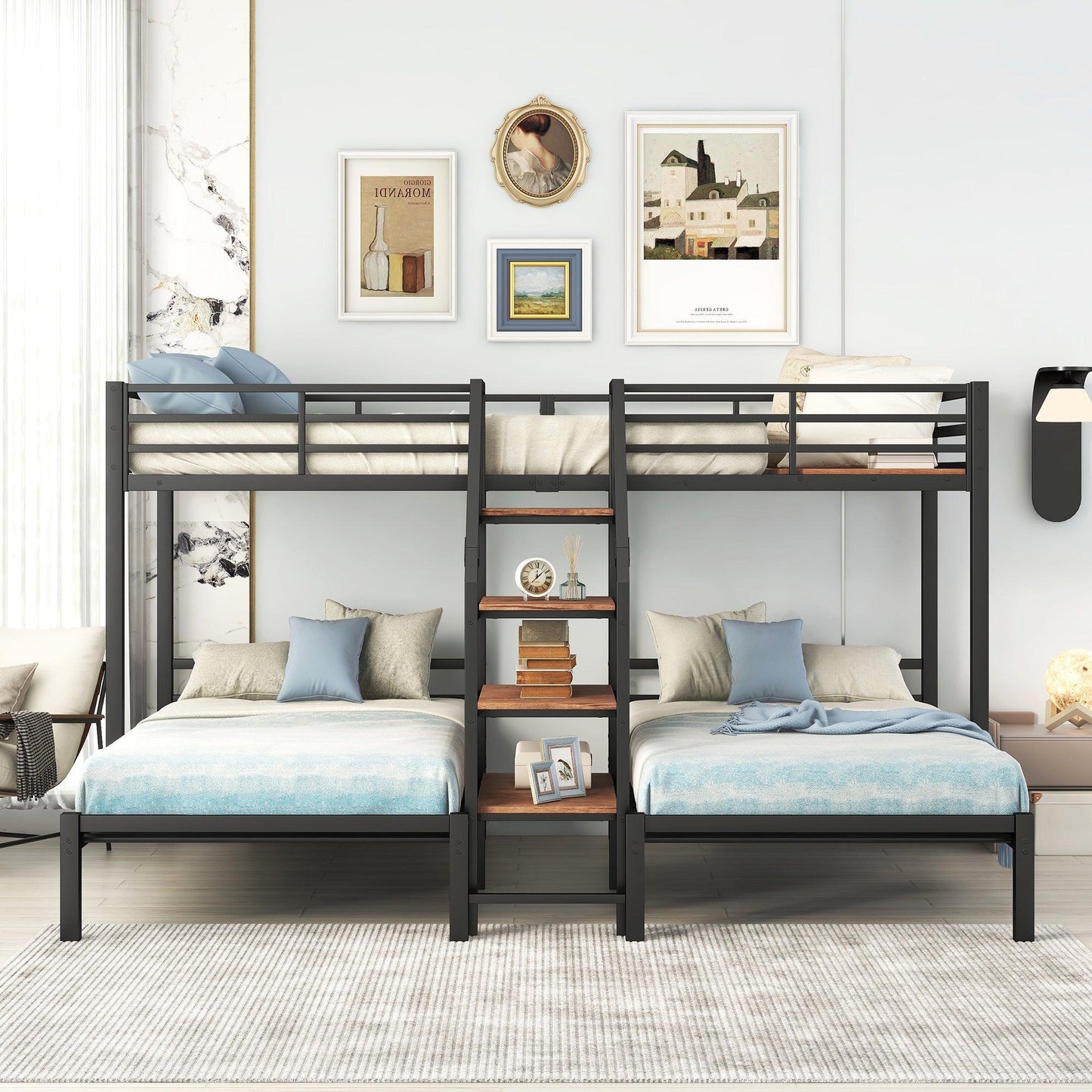 Metal Twin Over Twin & Twin Bunk Bed With Storage Shelves