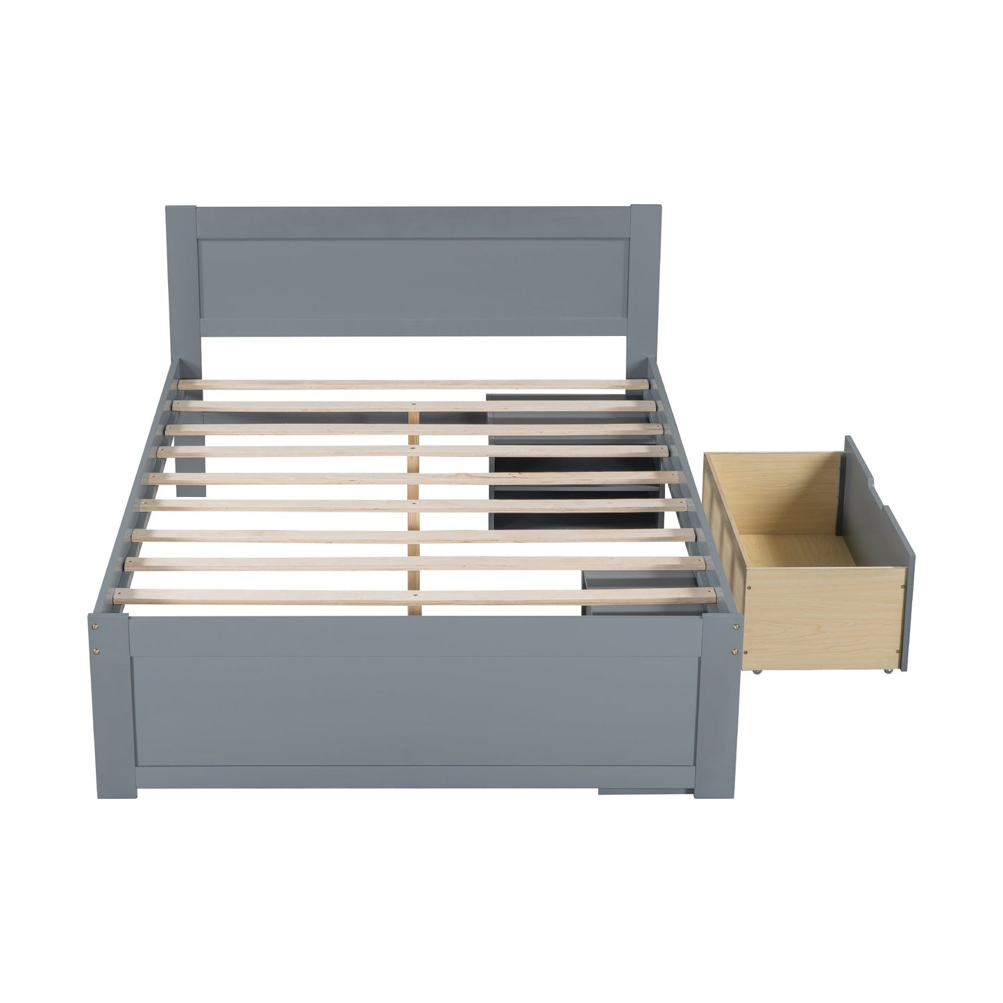 Full Size Platform Bed With Drawer And Two Shelves, Gray