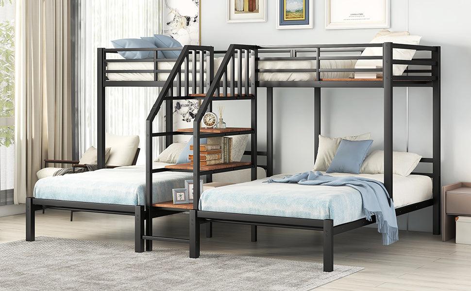 Metal Twin Over Twin & Twin Bunk Bed With Storage Shelves