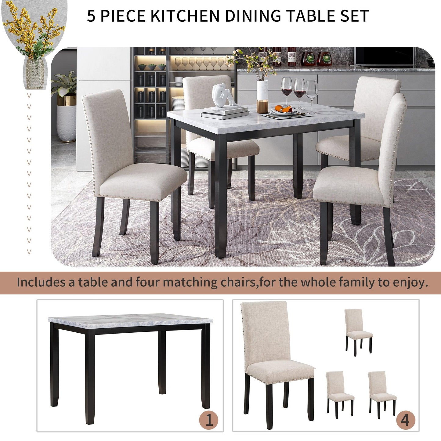 Faux Marble 5-Piece Dining Set with 4 Cushioned Chairs