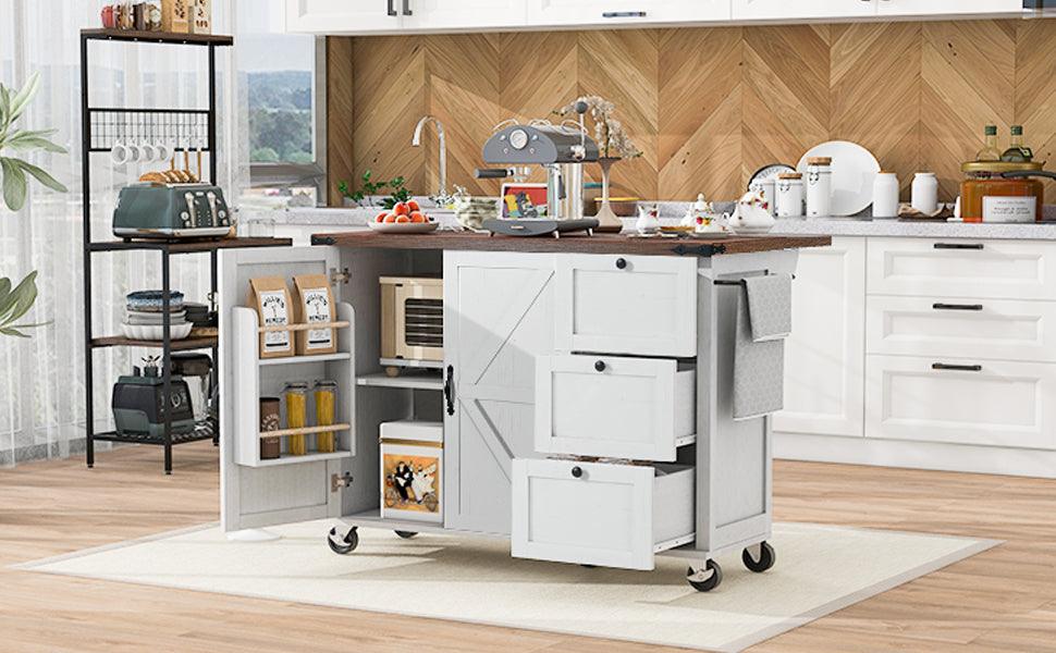 54.5" Rustic Farmhouse Kitchen Island with Power Outlet and Storage, Rolling Cart with Drop Leaf and Spice Rack, White Wood Finish