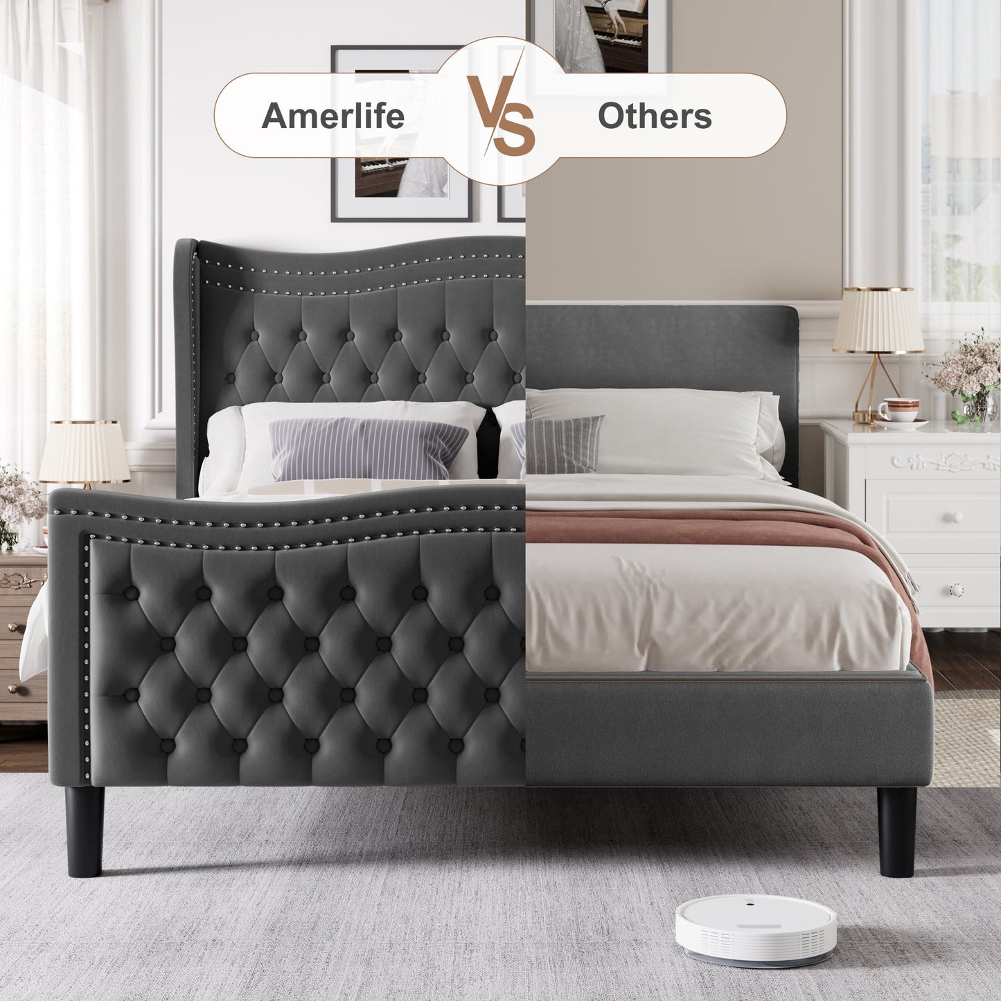 Lift Up Velvet Gray Full Size Bed for Stylish Bedrooms