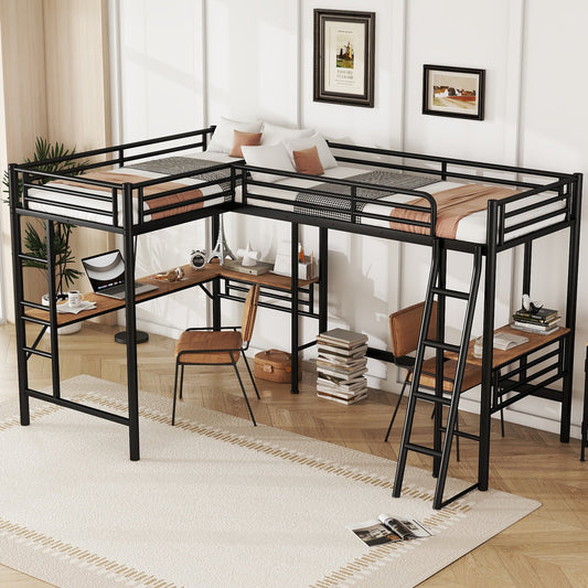 Twin Size Metal Loft Bed With Two Built-in Desks Black