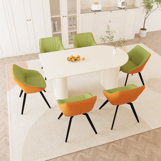 63" Cream Modern Dining Table with 6 Green PU Chairs and Black Metal Legs - Ideal for Kitchen and Home