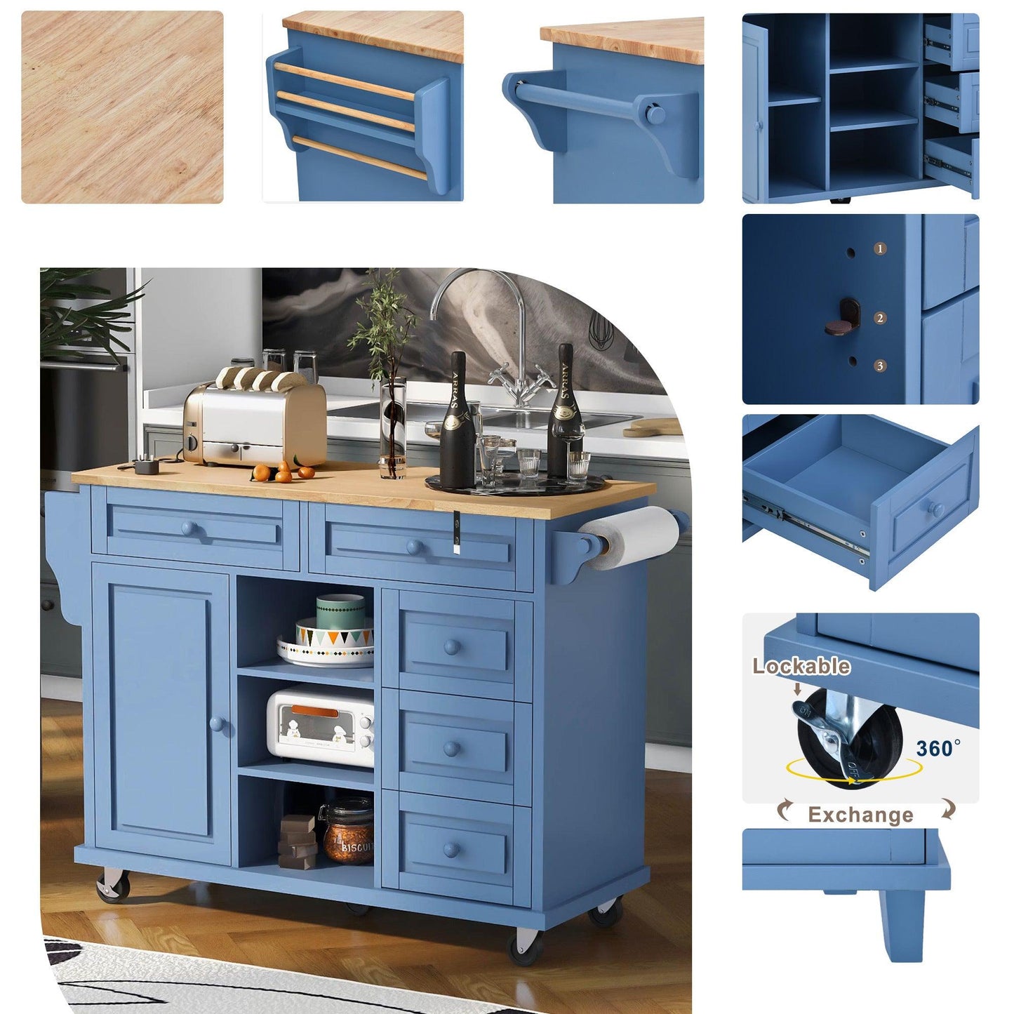 Blue Rolling Kitchen Island Cart with Rubber Wood Top and 5 Drawers for Storage - 53 Inch Length