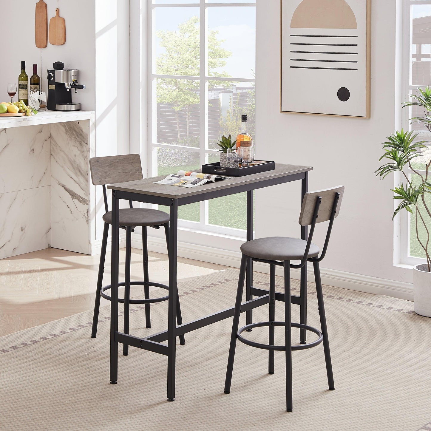 Bar Table Set with 2 Bar stools PU Soft seat with backrest