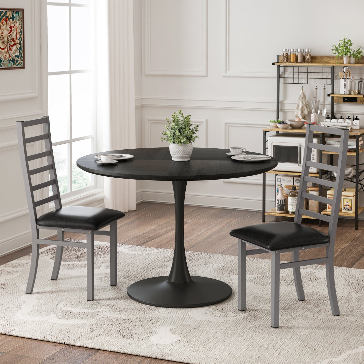 Compact 47-Inch Black Tulip Dining Table Set with 2 Gray Chairs for Small Spaces