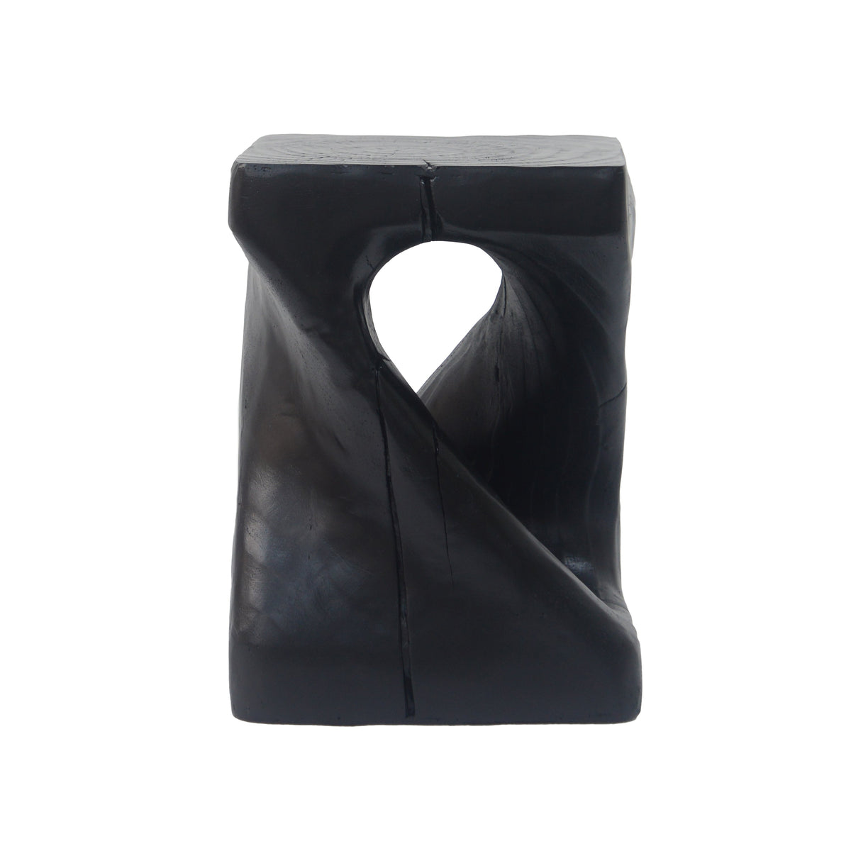 Black MGO side table with twist shape and wood grain texture