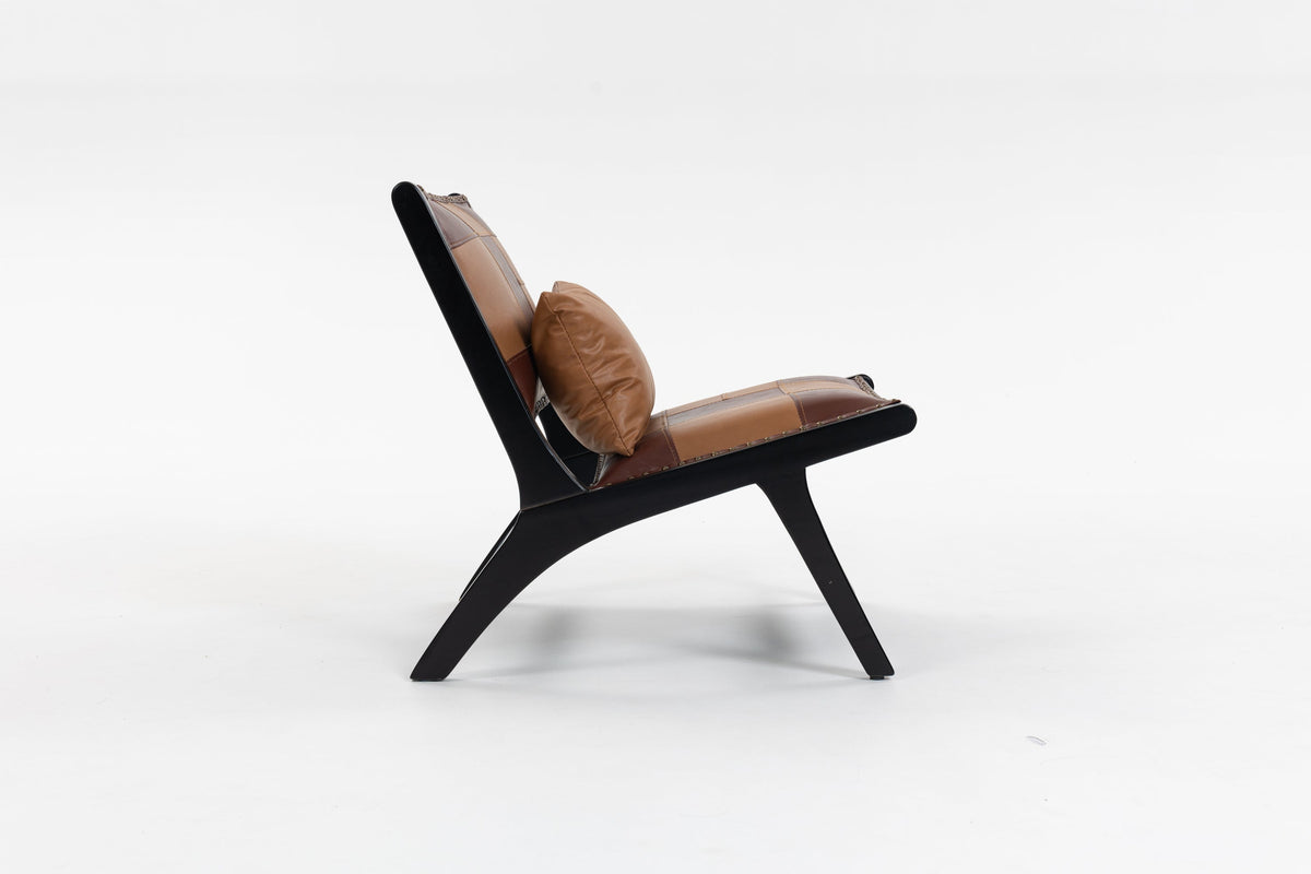 Brown PU leather armchair with Scandinavian modern boho style.