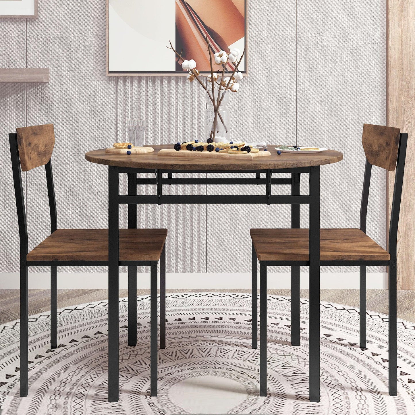 Compact 3-Piece Round Dining Set with Foldable Table