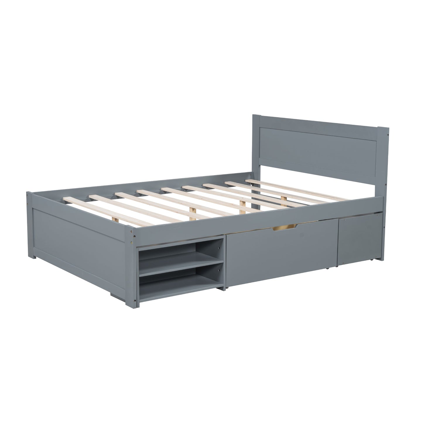 Full Size Platform Bed With Drawer And Two Shelves, Gray