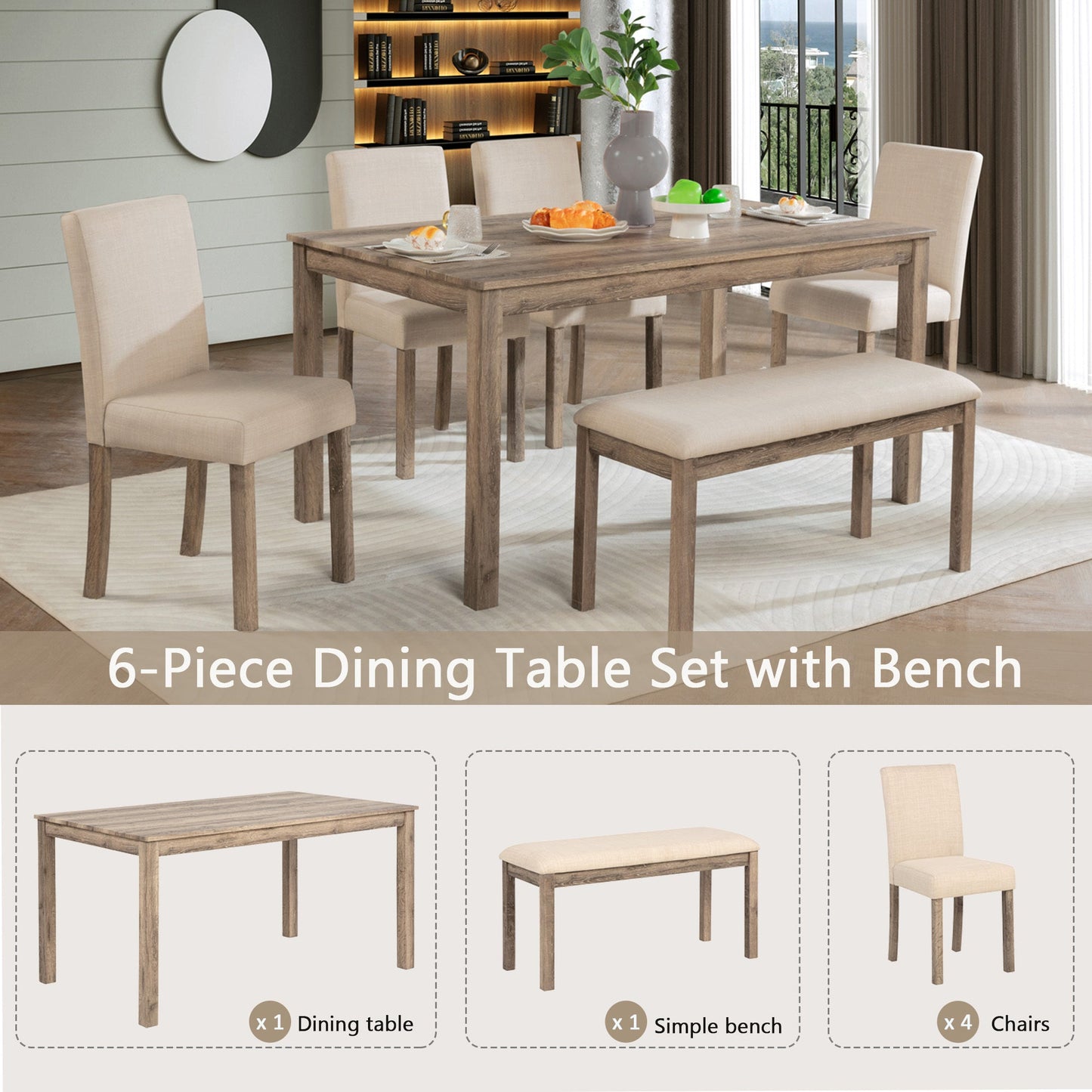 6-Piece Dining Table Set with 4 Chairs and Bench (Brown)